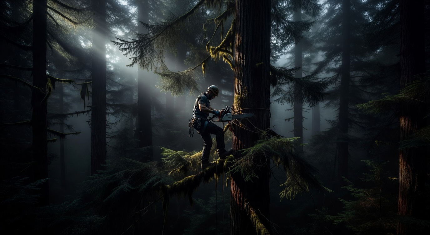 Skilled tree climber working high in an Alaskan forest