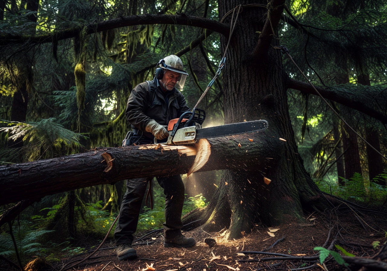 Professional arborist limbing a large tree